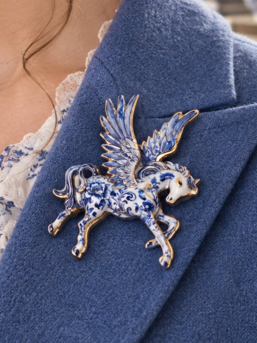 Blue White Pegasus Brooch Pin Chinoiserie Porcelain Winged Horse Fantasy Jewelry